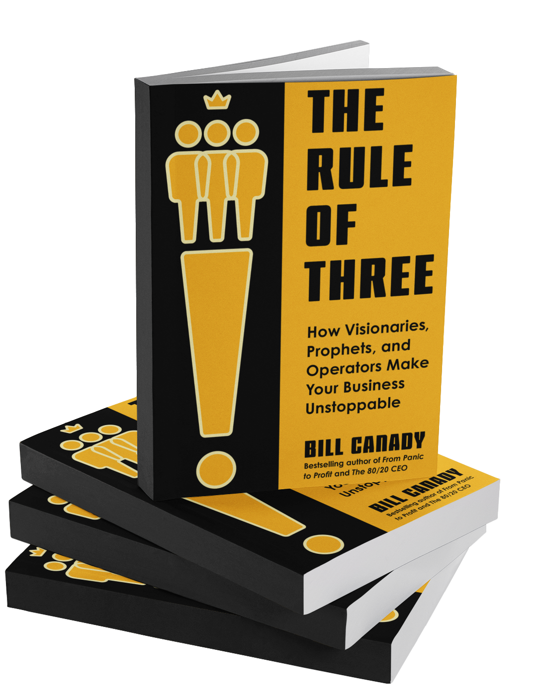 "The Rule of Three" book mockup illustrating Pareto's 80/20 principle and Bill Canady's framework for business optimization.