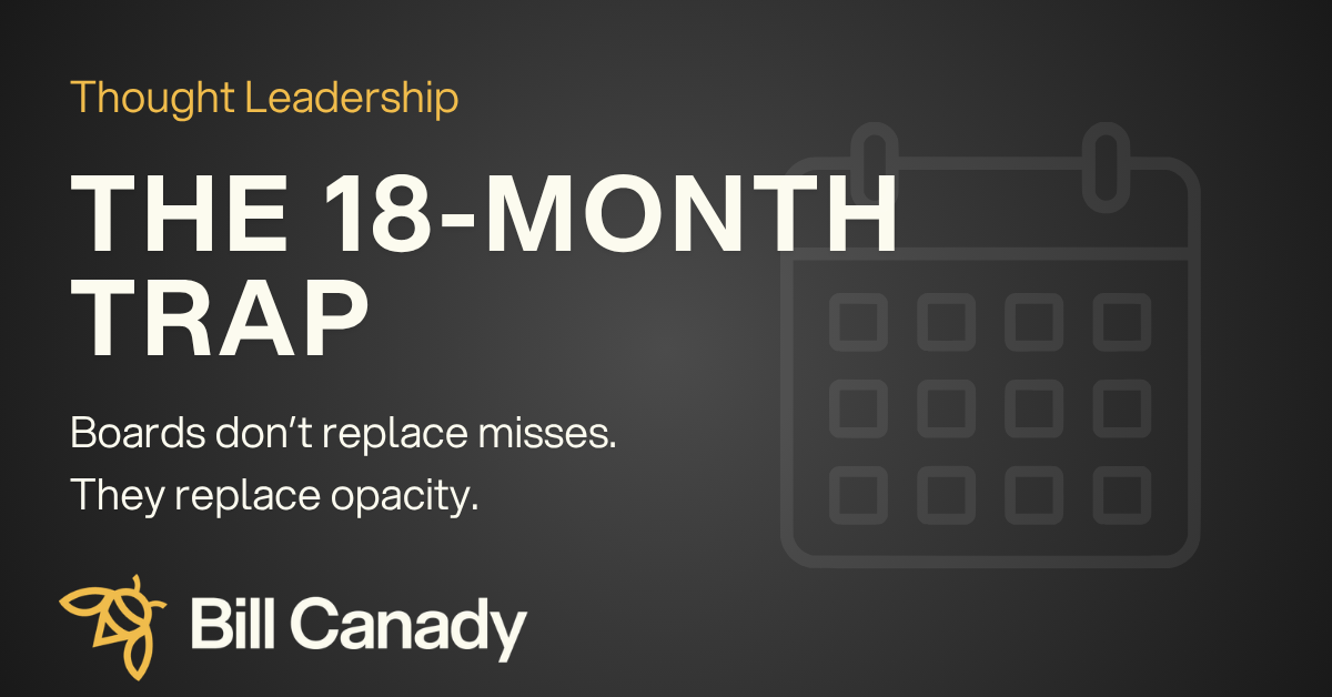 "The 18-Month Trap" title graphic and calendar illustration related to PE CEO replacement and board oversight.