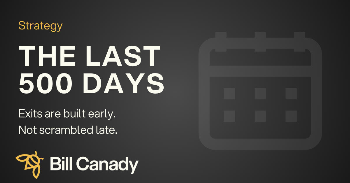 Calendar icon and text "The Last 500 Days" illustrating business exit strategy and planning.
