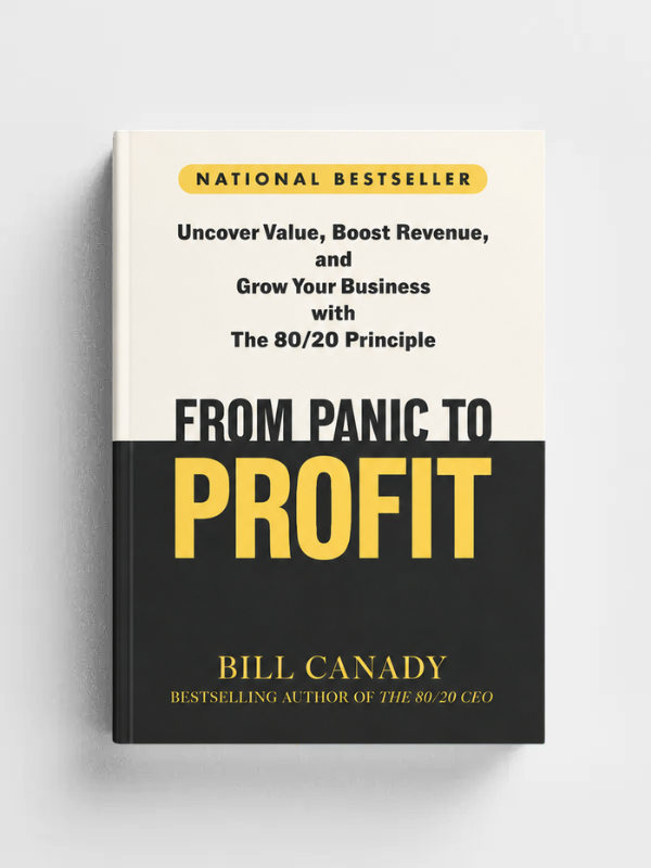 Book cover for "From Panic to Profit" by Bill Canady, promoting 80/20 principles for business growth and profitability.
